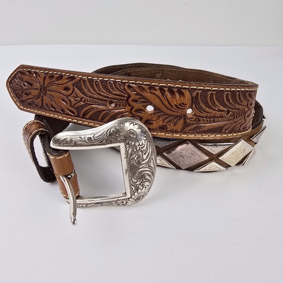 Vintage Tooled Leather Western Belt Silver Engraved Buckle -Hardware Mens 38 - Picture 1 of 11